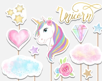 Unicorn Centerpieces Birthday Party Decoration Cutouts Girl Gold and Pink Roses Magical Party Stars Cake Topper Decor Printable Digital