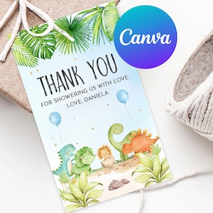 Etiquetas de agradecimento para chá de bebê Dino para lembranças para impressão Rawr É um menino fofo pequeno dinossauro etiqueta para incubação decoração de festa de aniversário modelo editável
