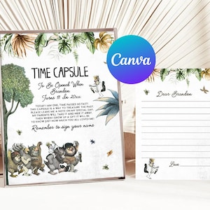 May include: A printable time capsule card with a whimsical illustration of characters from the book Where the Wild Things Are. The card includes instructions for a time capsule to be opened when the recipient turns 18. The text reads "Time Capsule To Be Opened When Branden Turns 18 In 20xx".