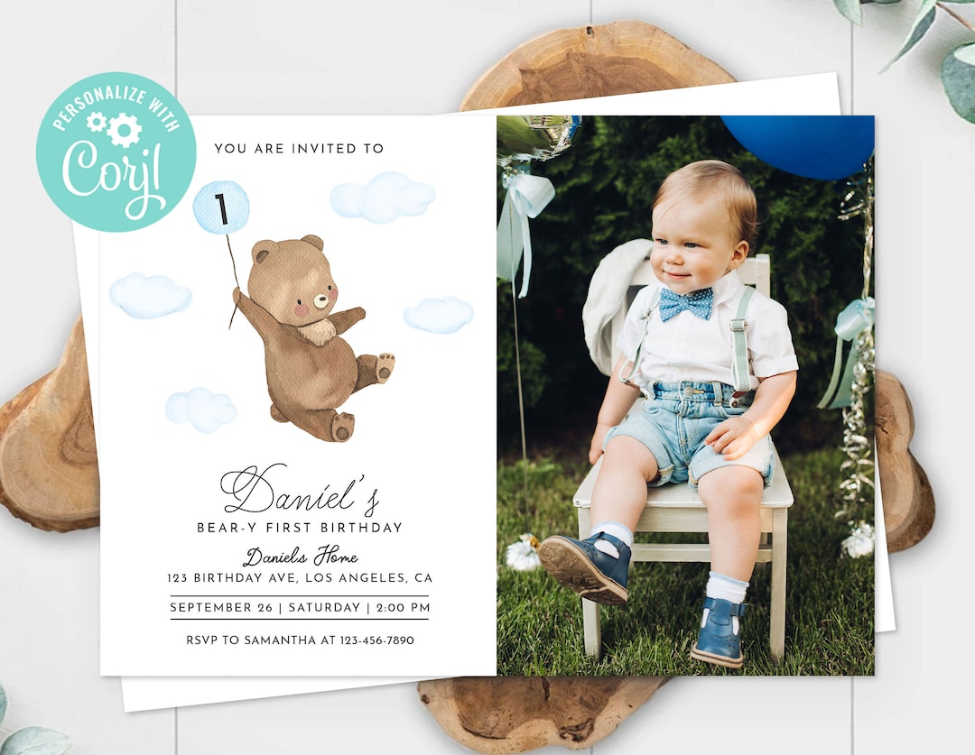 Teddy Bear First Birthday Invitation Card Photo Picture Boy Cute Beary ...