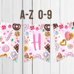 Printable Banner Letters A to Z Birthday Party Decoration Pink Candy Land Sweets Celebration Cupcake Lollipop Decor Digital Instant Download