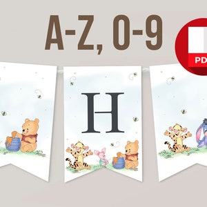 Imprimible Banner Cartas Baby Shower Decoración Winnie the Pooh Bebé Cumpleaños Cartas A a Z Piglet Tigger Eeyore Descarga Digital Instantánea
