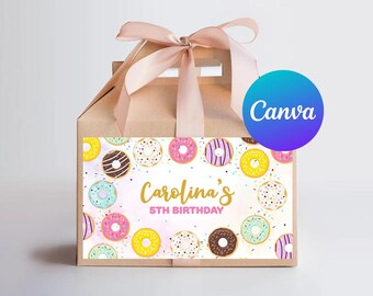 Donut Birthday Gable Box Labels Girl Donut Miss Sweet Celebration Party Pink and Gold Favor Box Sticker Digital Printable Editable Template