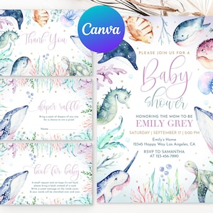 May include: A set of printable baby shower invitations with a watercolor ocean theme. The invitations feature a variety of sea creatures, including a seahorse, a whale, a turtle, and a jellyfish. The text on the invitations reads "Please join us for a baby shower honoring the mom-to-be Emily Grey, Saturday, September 17, 2:00 PM, Emily's Home, 12345 Happy Way Los Angeles, CA, RSVP to Samantha at 123-456-7890".