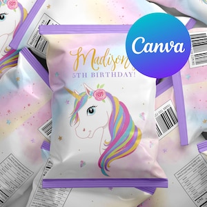 Unicorn Birthday Chip Bag Labels Girl Gold and Pink Roses Magical Party Stars Decoration Digital Printable Editable Template
