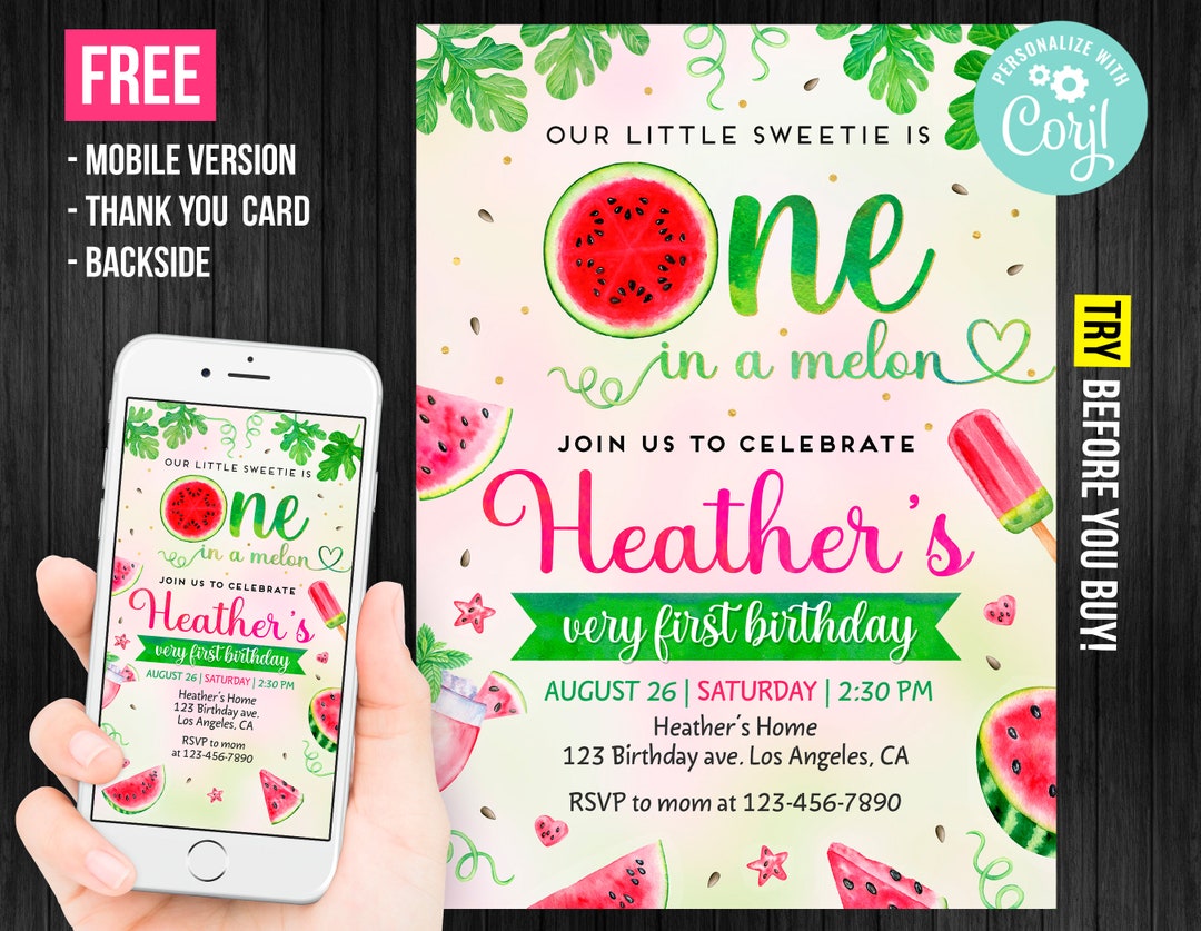 One in a Melon Invitation Girl Printable First Birthday Watermelon ...