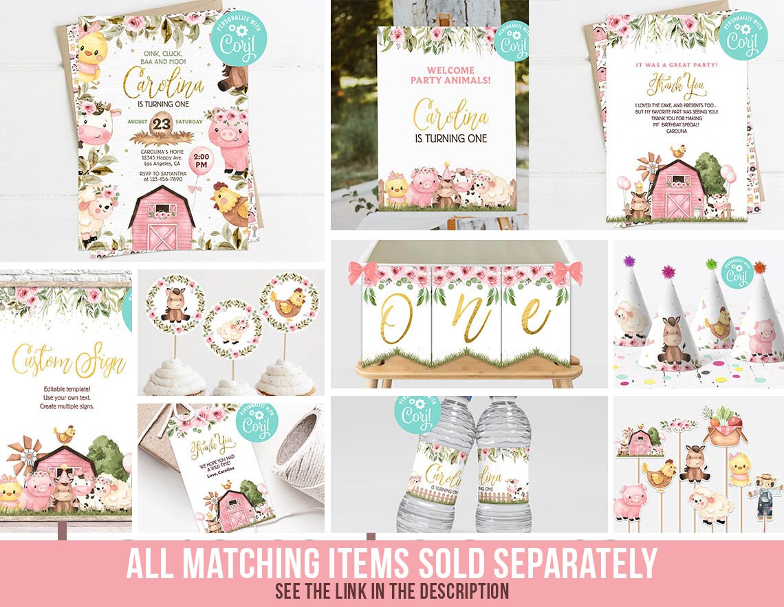 Farm First Birthday Invitation Card Photo Picture Girl Pink Floral ...