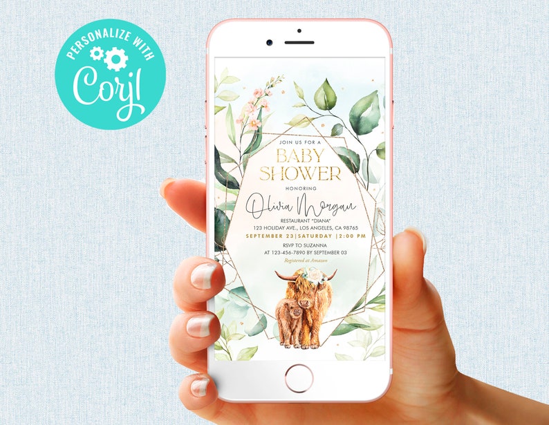 Cow Baby Shower Invitation Editable Highland Cow Calf Shower Invite Watercolor Floral Greenery Mobile Phone Electronic Evite