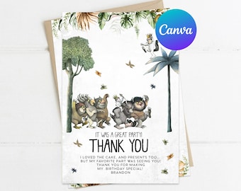 Onde Vivem os Monstros Cartão de Agradecimento Primeiro Aniversário Filhotes Fofos Floresta Verde Download Instantâneo Modelo Digital Imprimível Editável