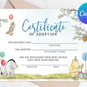 Adopte un animal Certificado de adopción Primer cumpleaños de niño Clásico Winnie the Pooh Piglet Globo azul Plantilla imprimible digital