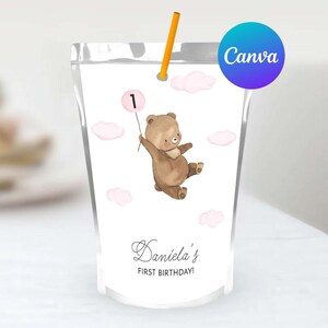 Teddy Bear First Birthday Capri Sun Labels Editable Template Cute Beary 1st Birthday Girl Pink Balloon Juice Pouch Labels Digital Printable