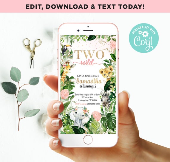 Two Wild Second Birthday Invitation Girl Digital Mobile Phone Electronic Email SMS Invite Jungle Safari Animals Party Editable Template