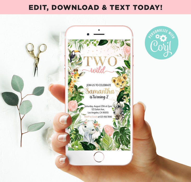May include: A digital invitation for a 2nd birthday party with a jungle theme. The invitation features a pink and gold colour scheme with a jungle animal illustration and the text "TWO wild". The invitation also includes the birthday girl's name, Samantha, and the date and time of the party.