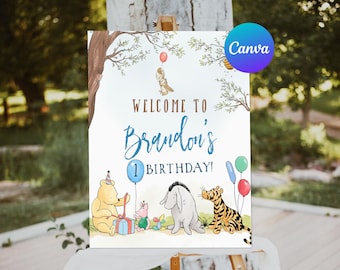 Erster Geburtstag Willkommen Schild Junge Klassische Winnie Puuh Dekoration Ferkel Tigger Willkommen Outdoor Yard Schild Bearbeitbare Vorlage zum Ausdrucken
