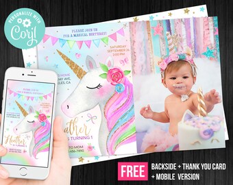 Magical Birthday Unicorn Invitation Girl Thank You Card with Photo Picture Pink Rose Instant Download Invite Editable Template Digital Corjl