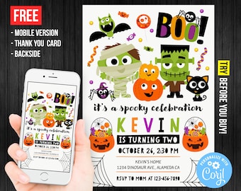 Può includere: Un invito a tema Halloween con mostri dei cartoni animati, zucche e la scritta "BOO!". L'invito include il testo "it's a spooky celebration" e i dettagli per la festa di compleanno di Kevin.