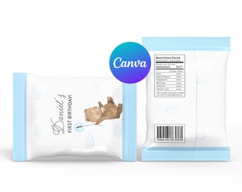 May include: Blue and white favor bag with a brown bear holding a blue balloon. The bag has the text "Daniel's First Birthday!" printed on it.
