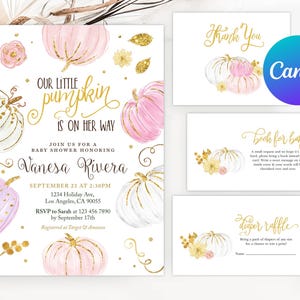 A Little Pumpkin is on her Way Baby Shower Invitation Set Girl Autumn Baby Shower Thank You Diaper Raffle Book Request Card Printable Fall