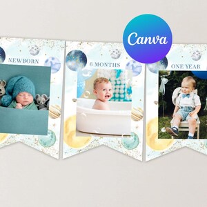 Puede incluir: Una pancarta de hitos para bebés azul y dorada con tres marcos de fotos. La pancarta presenta un tema de galaxia acuarela con estrellas, planetas y lunas. Los marcos están etiquetados como "Recién nacido", "6 meses" y "Un año".