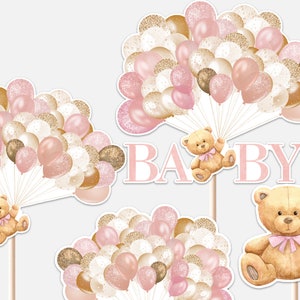 Teddy Bear Balloon Centerpieces Baby Shower Girl We Can Bearly Wait Baby Bear Pink Balloons Decor Cutouts Cake Topper Printable Digital