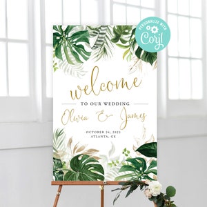 Bridal Shower Welcome Sign Wedding Printable Digital or Printed Custom Jungle Monstera Palm Greenery Gold Tropical Leaves Corjl Printable