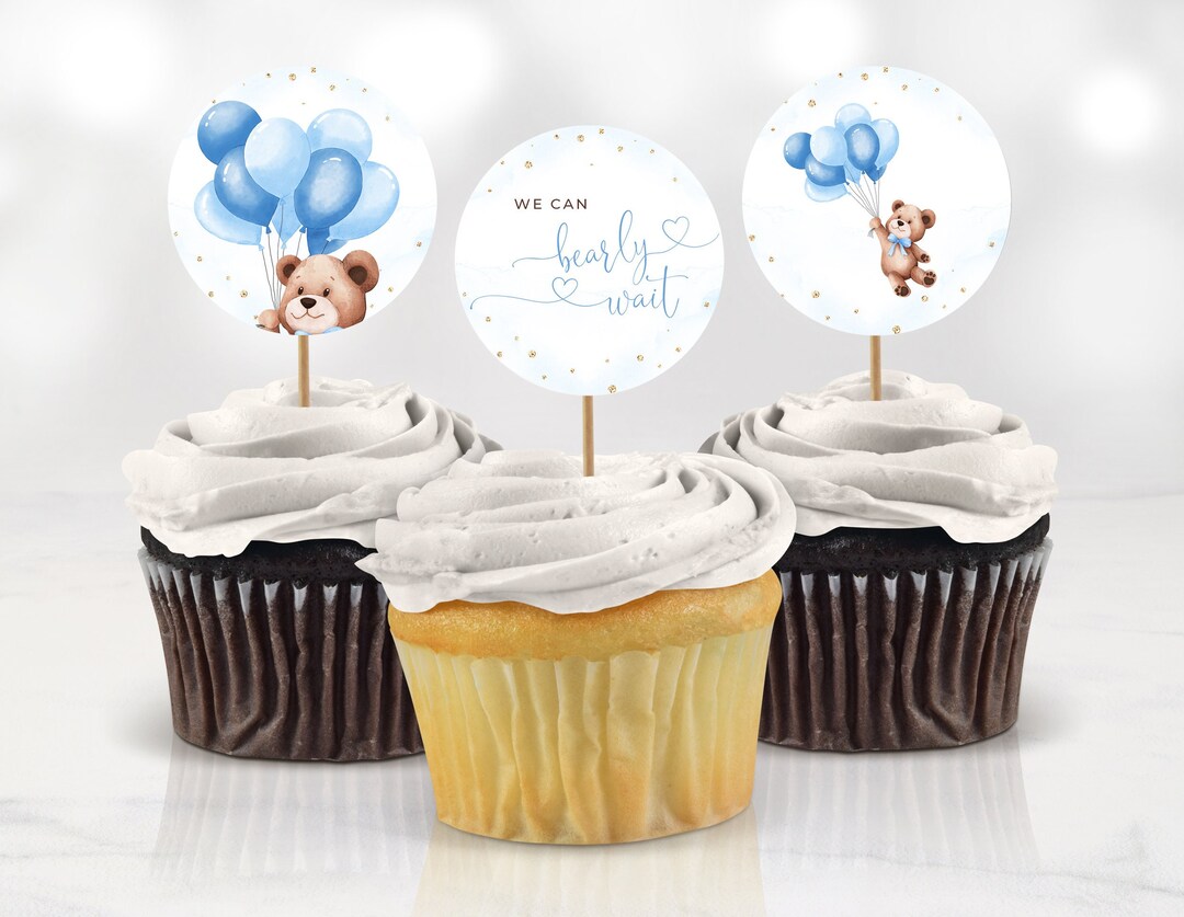 Baby Shower Boy Cupcake Toppers Decoration Teddy Bear Balloon We Can ...