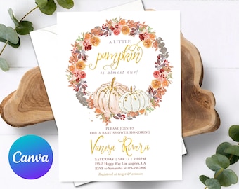 May include: A baby shower invitation featuring a floral wreath and the text "A little pumpkin is almost due!". The design includes two pumpkins and event details. The invitation is for "Vanesa Rivera". The event details are in a gold script font.