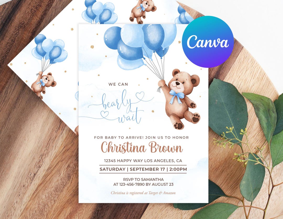 Teddy Bear Balloon Baby Shower Invitation Boy We Can Bearly Wait Baby ...