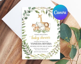 Puede incluir: Una invitación de baby shower blanca con un borde de hojas verdes. La invitación presenta una ilustración de acuarela de una jirafa, un elefante, un león y un zorro. El texto de la invitación dice: "Por favor, únase a nosotros para una baby shower en honor a la futura mamá Vanessa Rivera Sábado, 8 de septiembre de 2020 a las 3:00 PM 1234 Foren Ave. Alumoda, CA 123789 Revp to Kana 4567-643-788 registrado en target y amazon.com"