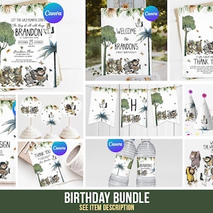 Könnte beinhalten: Ein druckbares Geburtstagsparty-Paket mit dem Thema Wo die wilden Kerle wohnen. Das Paket beinhaltet ein Willkommenszeichen, eine Einladung, eine Dankeskarte, Cupcake-Topper, ein individuelles Schild, Partyhüte, Wasserflaschenetiketten und ein Banner. Das Design ist in Grün- und Weißtönen gehalten und zeigt Illustrationen der Figuren aus dem Buch.