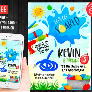 Let&#39;s Get Soaked Birthday Invitation Boy Printable Summer Water Balloon Fight Party Thank You Card Editable Template Digital or Printed