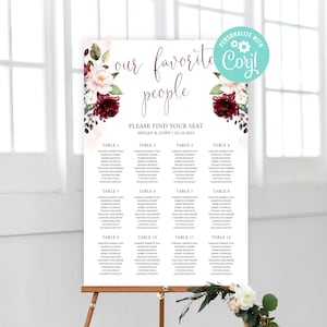 Tabla de asientos de boda 12 Mesas Plan Descarga digital o Impreso Marsala Blush Floral Borgoña Rosas Rosas Suaves Flor Acuarela Imprimible