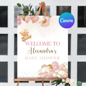 Baby Shower Girl Welcome Sign Teddy Bear Balloon We Can Bearly Wait Pink Balloons Welcome Outdoor Yard Sign  Editable Template Printable