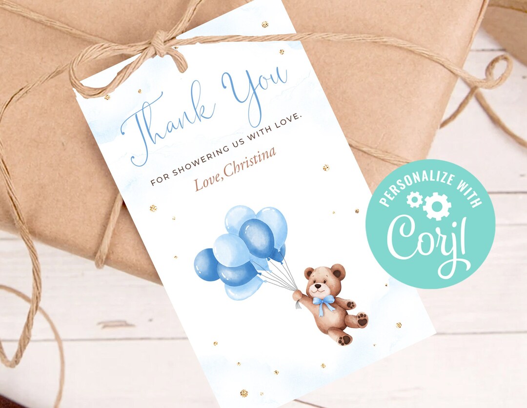 Baby Shower Boy Thank You Tags Printable Teddy Bear Balloon We Can