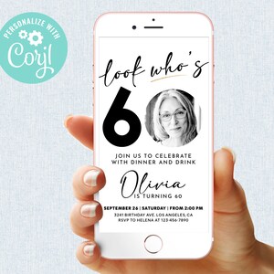 Look Who's 60 Birthday Invitation Simple Black and White Photo Sixtieth Invite Digital Mobile Phone Electronic Email SMS Editable Template