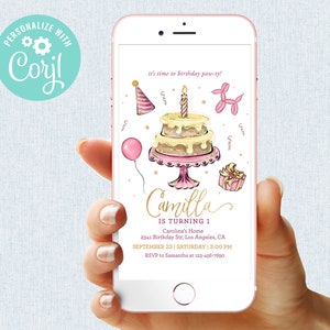 First Birthday Cake Invitation Girl Sweet One Watercolor Digital Instant Download Party Invite Editable Template Mobile Phone Electronic SMS
