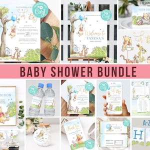 May include: A Winnie the Pooh themed baby shower bundle with a variety of printable designs, including invitations, welcome signs, water bottle labels, cupcake toppers, favour tags, and a banner. The designs feature Winnie the Pooh, Piglet, Tigger, and Eeyore.