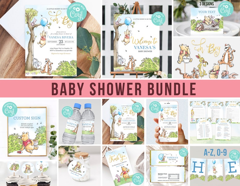 May include: A Winnie the Pooh themed baby shower bundle with a variety of printable designs, including invitations, welcome signs, water bottle labels, cupcake toppers, favour tags, and a banner. The designs feature Winnie the Pooh, Piglet, Tigger, and Eeyore.