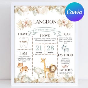 Wild One First Birthday Milestone Board Boho Safari Animals Party Dried Floral Decor Milestone Sign Digital Printable Editable Template