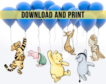 Classic Winnie The Pooh and Friends Cutout Prop  Holding Balloon Hanging Decoration Baby Shower Decoration Decor Printable Digital