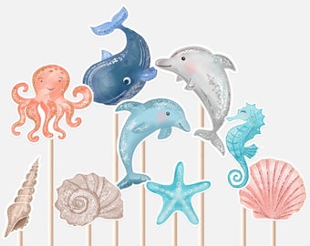 Bajo los centros de mesa del mar Océano primer cumpleaños niña vida del océano animales ballena delfín fondos marinos decoración recortes pastel topper imprimible digital