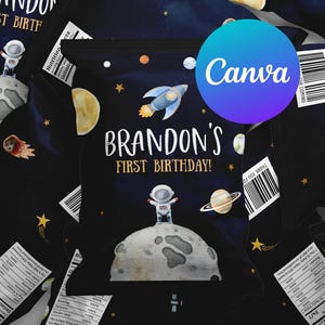 Outer Space First Birthday Boy Chip Bags Astronaut Rocket First Trip Around the Sun Digital Printable Editable Template Instant Download