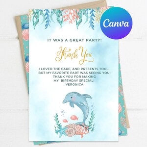Under the Sea Thank You Card Ocean First Birthday Girl Ocean Life Animals Dolphin Instant Download Digital Printable Editable Template