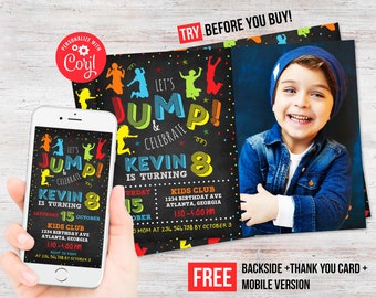 Jump Trampoline Party Birthday Invitation Boy Photo Picture Bounce House Party Thank You Editable Template Instant Download Digital Printed