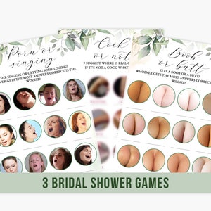 Hen Party Games Set of 3 Dirty Rude Bachelorette Party Games Printable Bridal Shower Games Greenery Eucalyptus Leaves Green Botanical