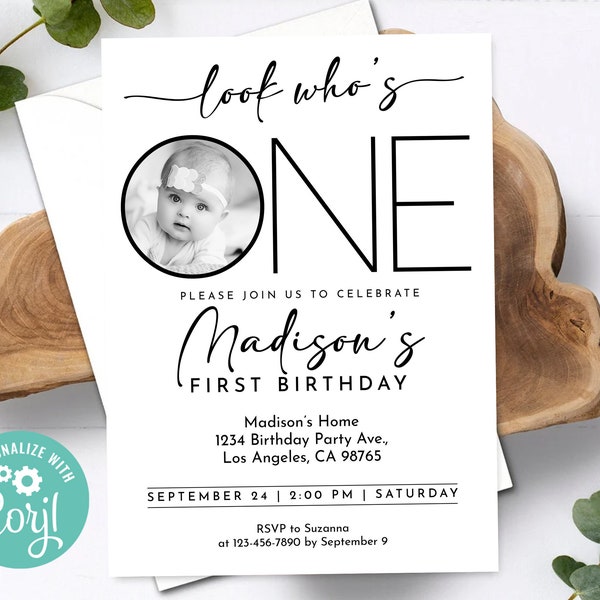 Look Who's One First Birthday Invitation with Photo Picture Black and White Simple Aesthetic Invite Editable Template Digital or Printed