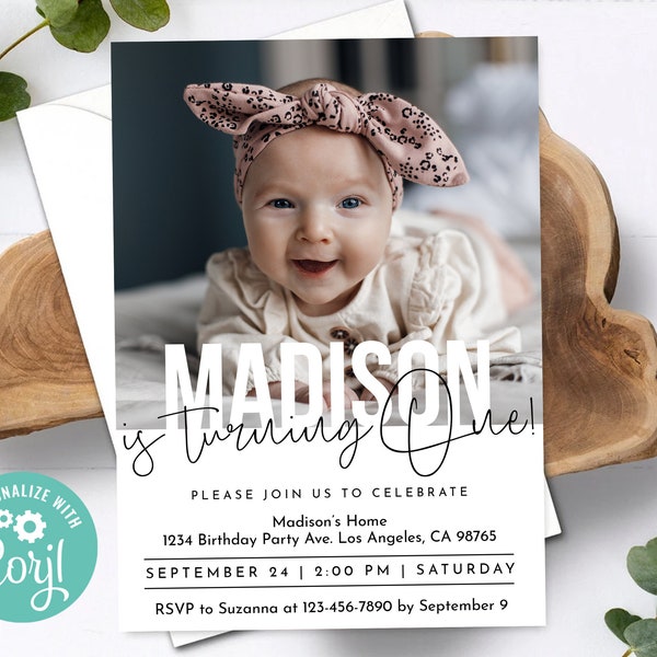 Girl First Birthday Invitation with Picture Modern Minimalist 1st Birthday Photo Invitation One Invite Editable Template Digital or Printed