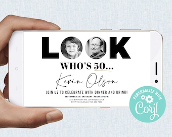Look Who's 50 Birthday Invitation Simple Black and White Photo Fiftieth Invite Digital Mobile Phone Electronic Email SMS Editable Template