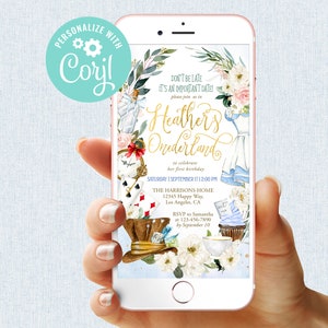 Alice in Wonderland Birthday Invitation Girl First Birthday Onederland Tea Party Digital Invite Editable Mobile Phone Electronic Email SMS