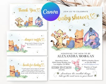 Winnie the Pooh Baby Shower Invitation Piglet Tigger Eeyore Hunny Party Invite Printable Editable Thank You Diaper Raffle Book Request Card